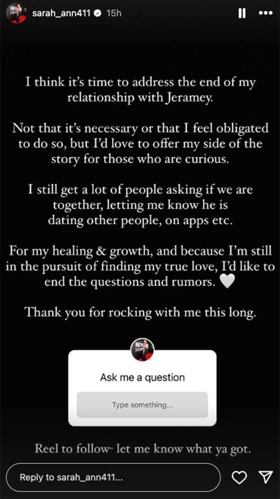 Sarah Ann announces her split from Jeramey on her Instagram story 