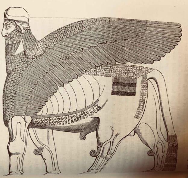 The lamassu has the body of a bull, the wings of an eagle and the head of a man