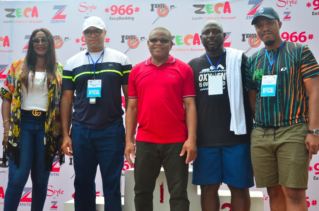 (From L-R) Olatilewa Babalogbon; Deputy General Manager, Zenith Bank Plc, Oloyede Obatoyinbo; Chairman Swimming Section, Ikoyi 1938, Dennis Olisa; Executive Director, Zenith Bank Plc, Kunle Adeniji; Vice Chairman and Games Captain Swimming Section, Ikoyi 1938, Babatunde Adama; member Techincal committee Swimming Section Ikoyi 1938, at the finals of the 4th Zenith Bank Ikoyi Club Inter-School Swimming Gala held Saturday.