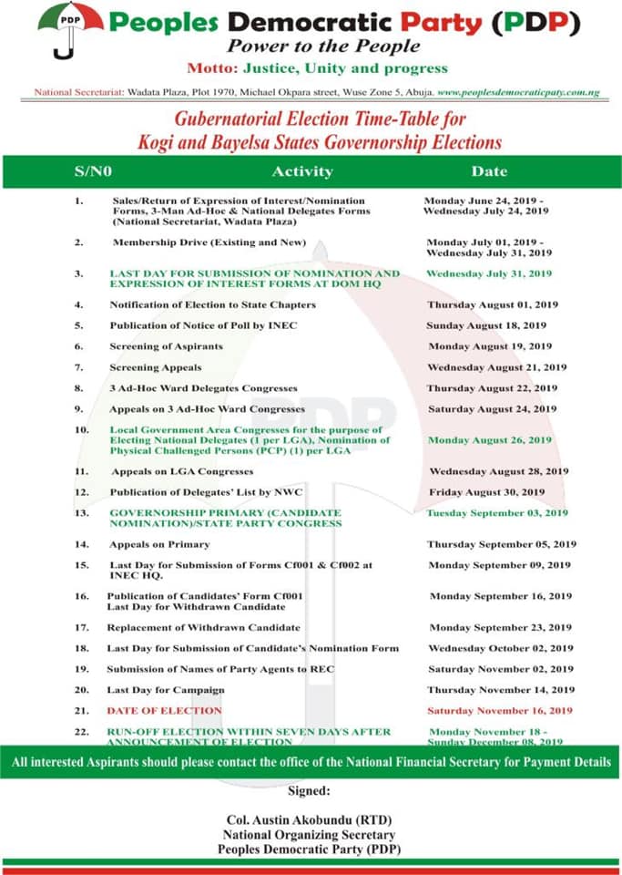 PDP schedule of activities for Kogi, Bayelsa elections