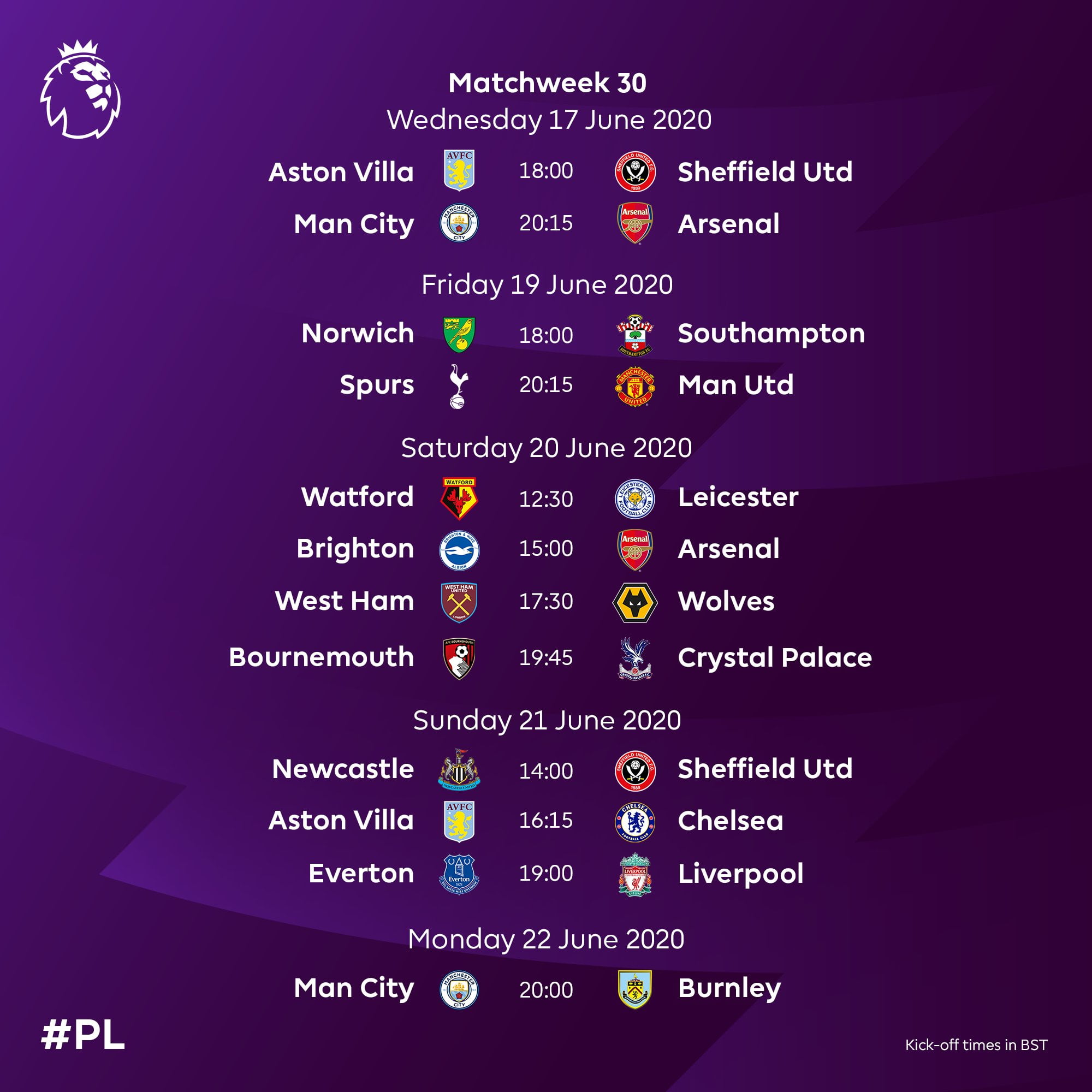 See Full Fixtures For The First 3 Match Days Of Resumed English Premier
