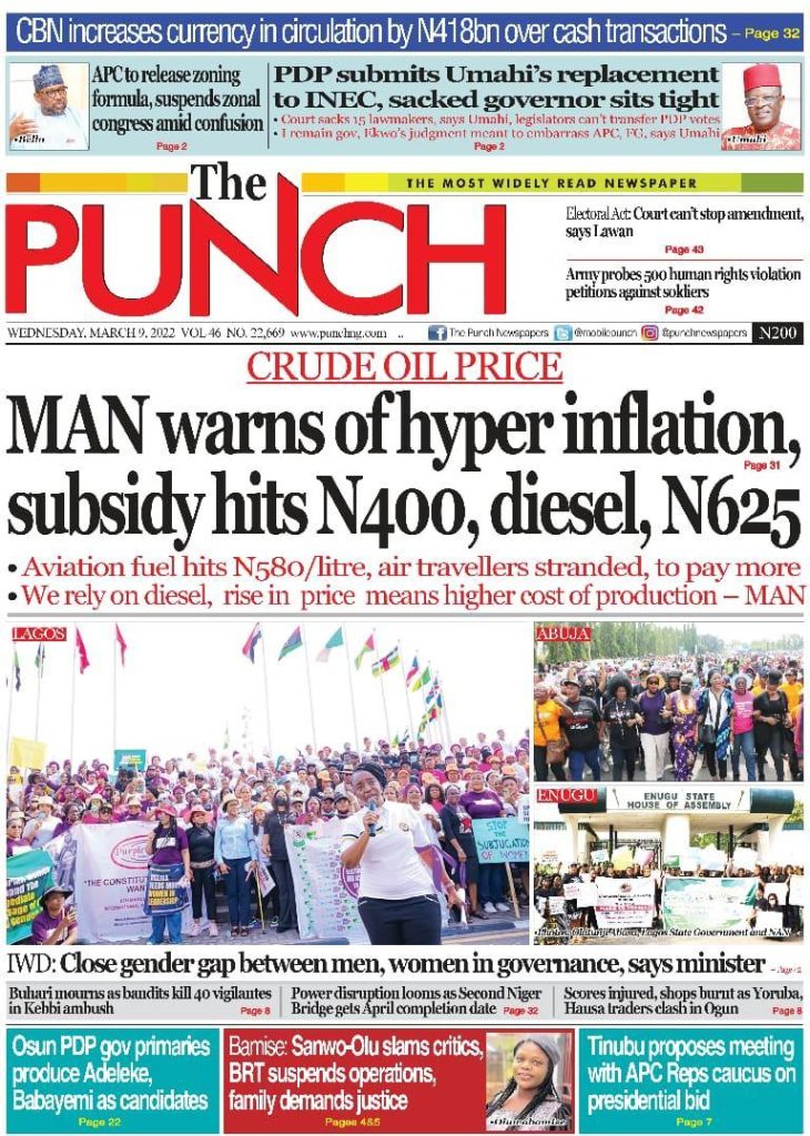 Nigerian Newspapers Daily Front Pages Review | Wednesday, 9 March, 2022