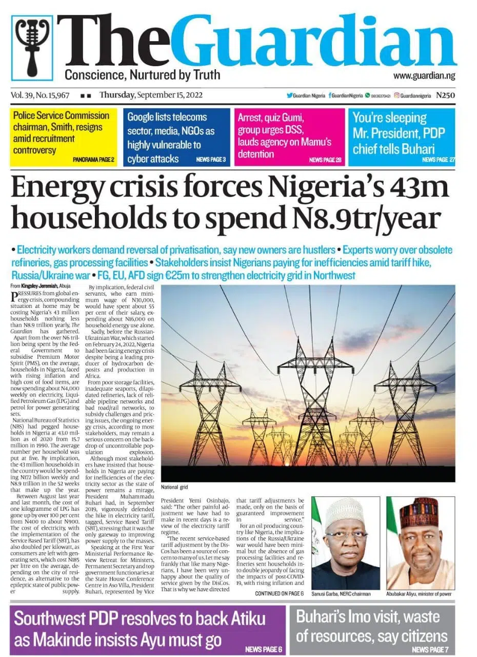 The Guardian Nigeria on X: Today in The Guardian – Acute outage imminent  as TCN, DisCos face-off deepens. Get a copy. #FrontPage #Headline #Business  #Politics #Sports #Pilgrims #Nigerians #Entertainment #News #Nigeria  #Africa #