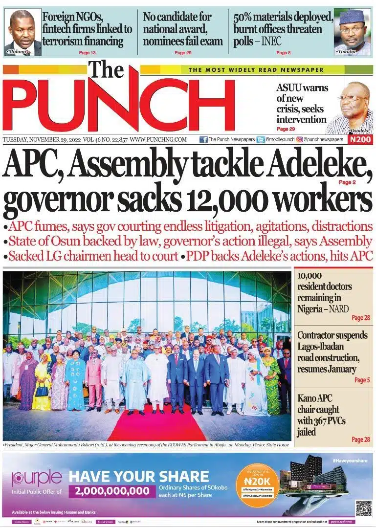 Nigerian Newspapers Daily Front Pages Review