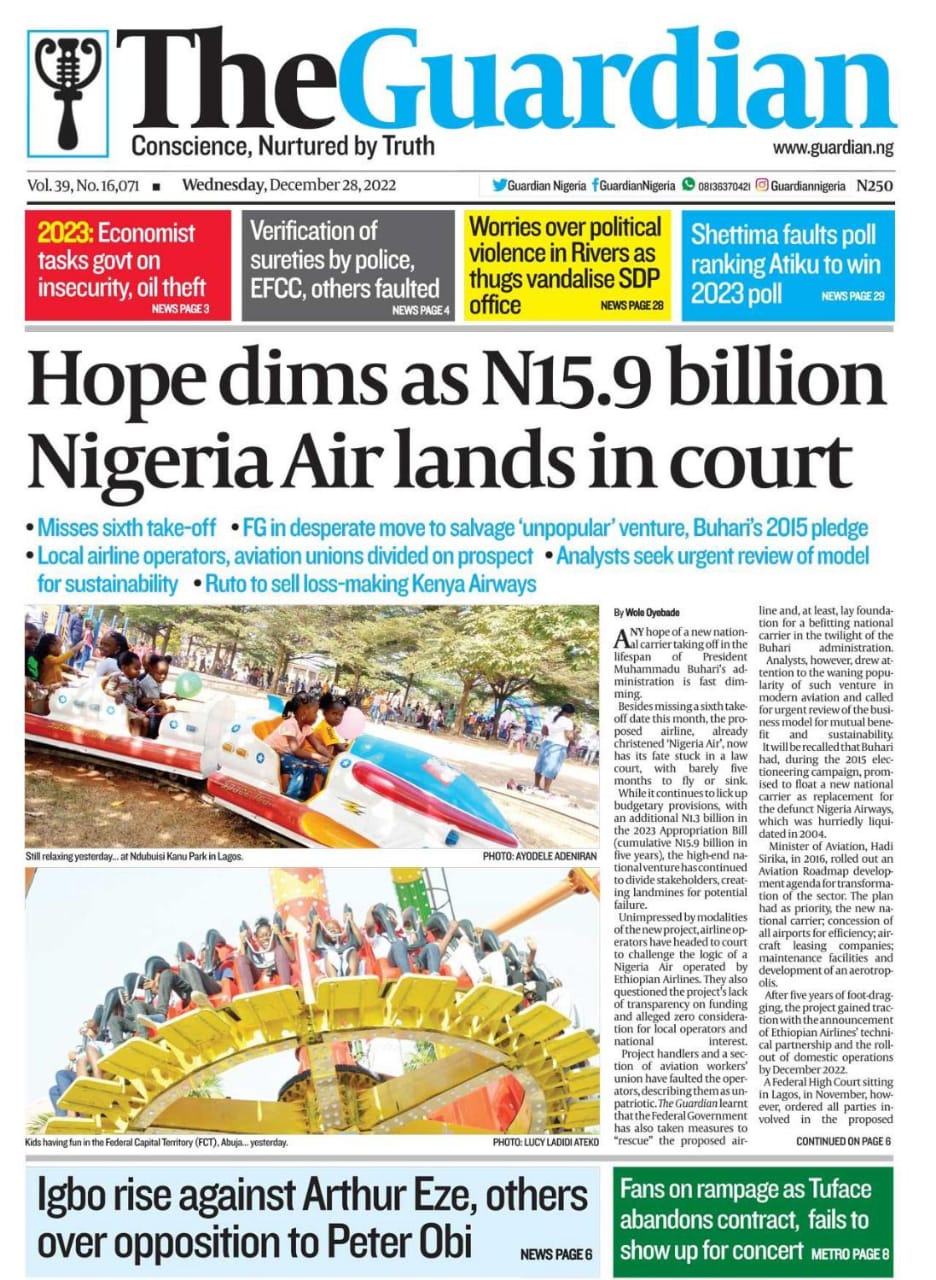 Nigerian Newspapers Daily Front Pages Review Wednesday 28th December 22