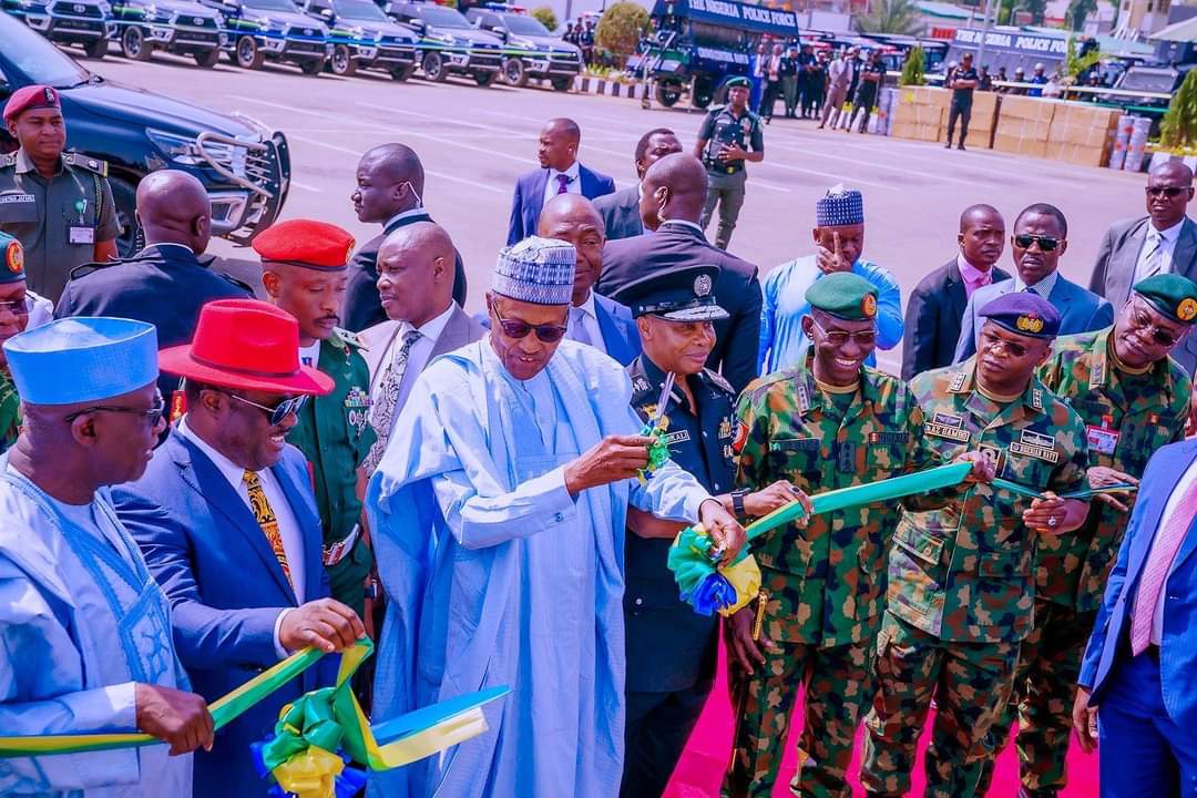 President Muhammadu Buhari commissioning police equipments at the force headquarters on Monday, February 13.