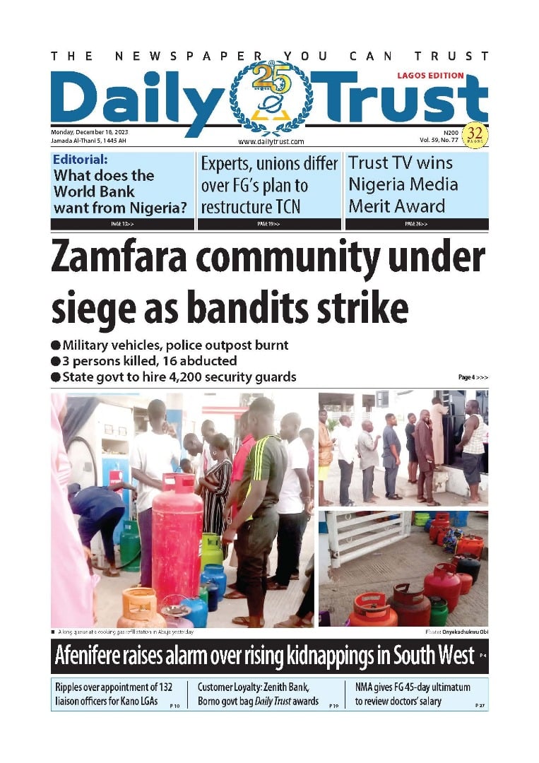 Nigerian Newspaper Front Pages Today Monday 18th December 2023