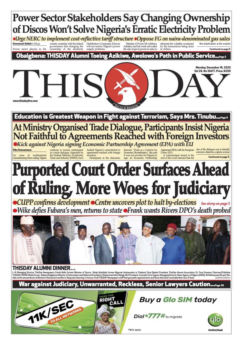 Nigerian Newspaper Front Pages Today Monday 18th December 2023