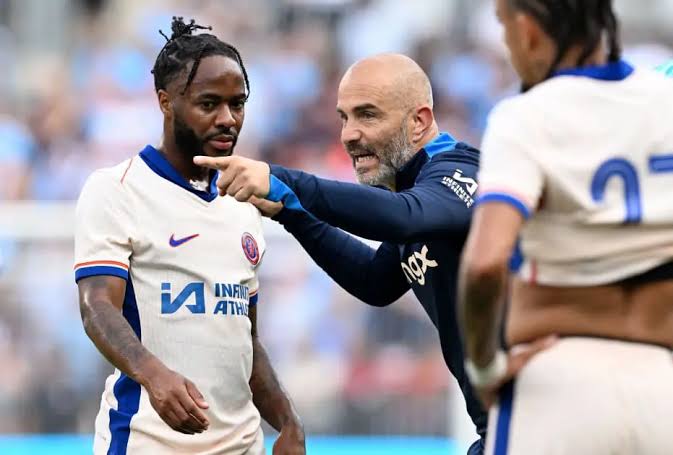 Chelsea Coach, Enzo Maresca and Raheem Sterling. 