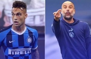 Pep Guardiola and Lautaro Martinez