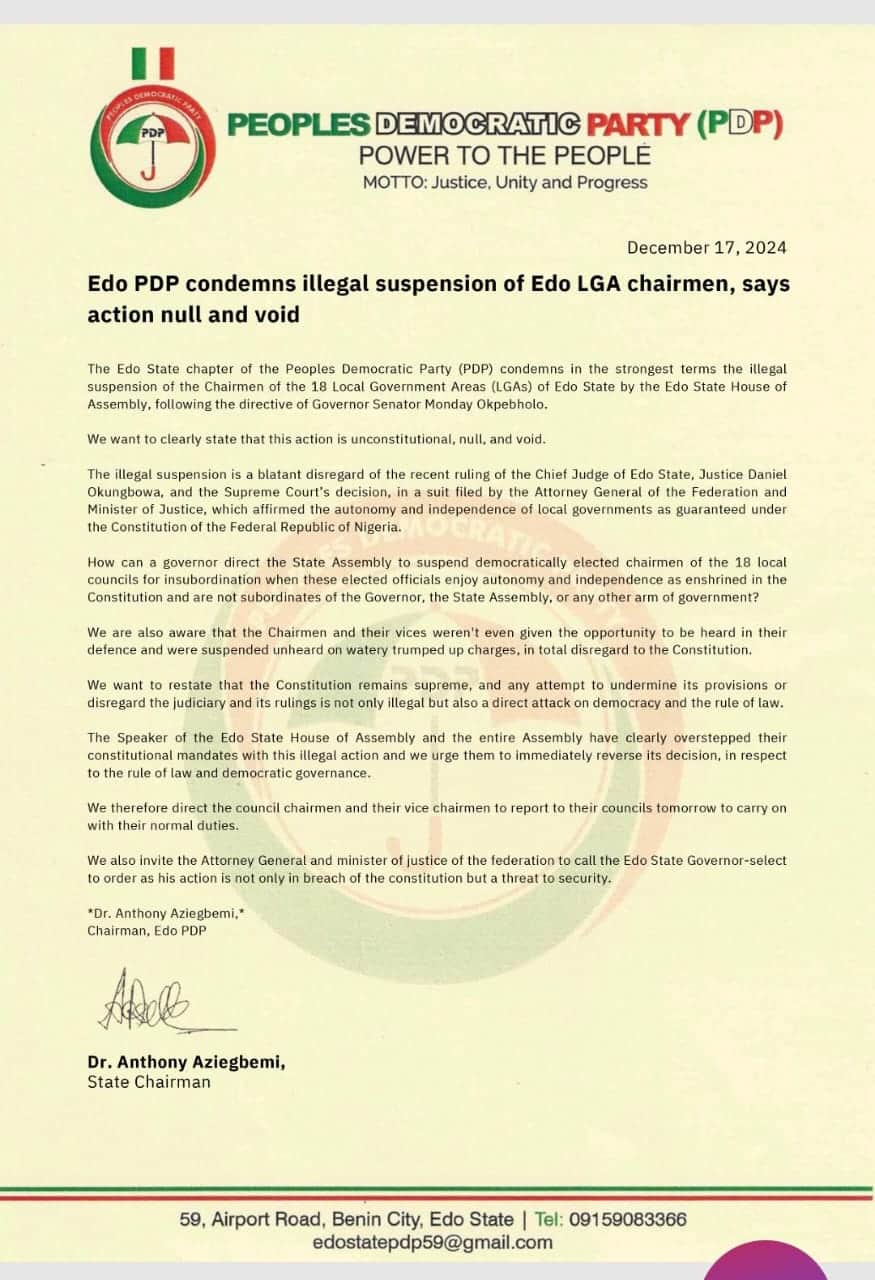 Edo PDP Declares Suspension Of LGA Chairmen Illegal, Demands Immediate Reversal