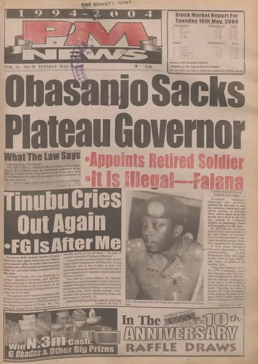 Former President Obasanjo's newspaper headlines for exercising emergency powers suspends governor